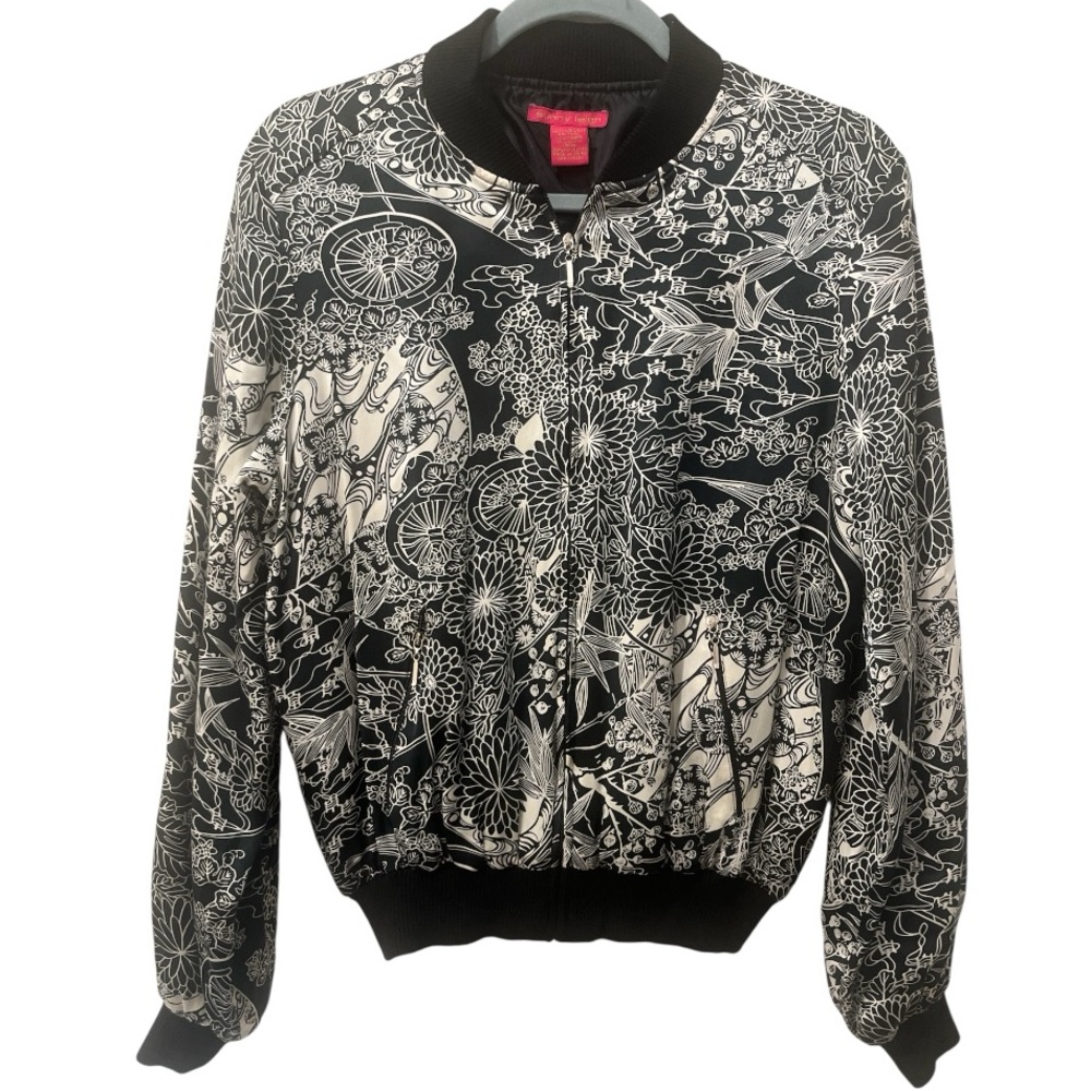 Vintage 90s Sunny Leigh Silk Bomber size large black ivory statement